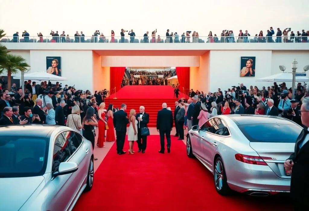 a group of people on a red carpet